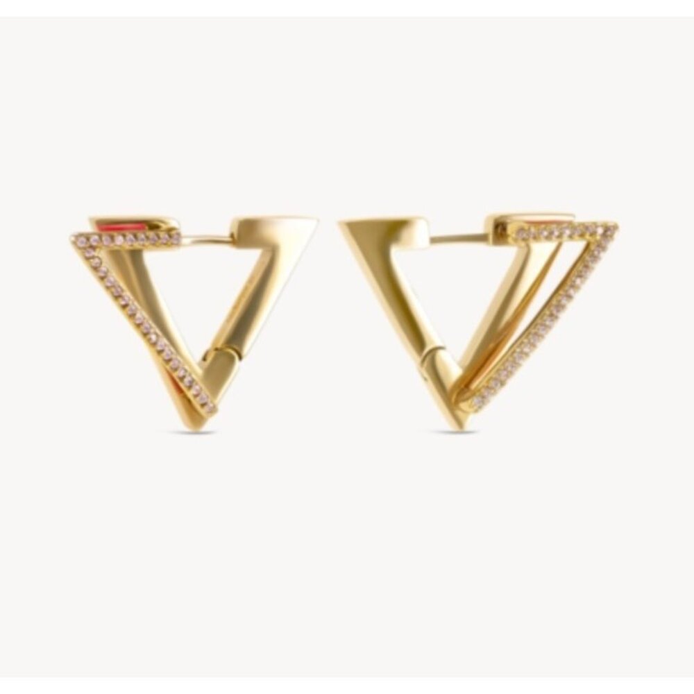 Hey Harper Luminous Earrings Gold Triangle Hoops Pink Enamel Pavé Waterproof